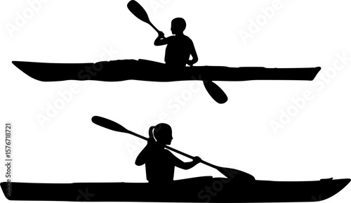 2 vector silhouettes of a male and female "flat water" kayaking together in a tandem kayak. 2 Vector Silhouettes of a man kayaking and a woman kayaking in a single