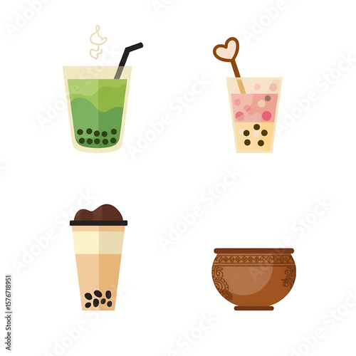 Four illustrations of popular boba tea drinks in various styles and colors.