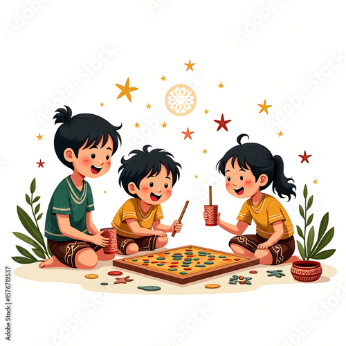 Three children are playing a board game together, surrounded by stars and decorative elements.