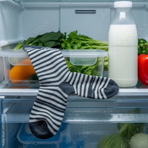 A striped sock rests inside a refrigerator shelf among food items like milk, vegetables, and fruits.