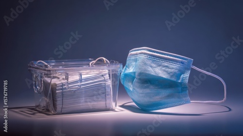 Box of surgical masks opened beside a stack of face shields