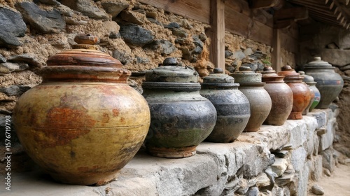 Traditional Onggi Fermentation Pots Lined Against Stone Wall