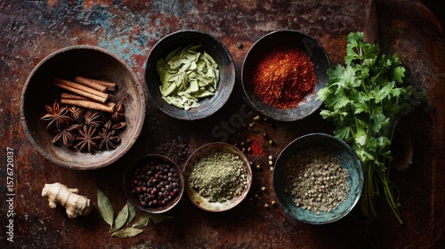 Flatlay of herbs and spices arranged in small bowls on a rustic dark table