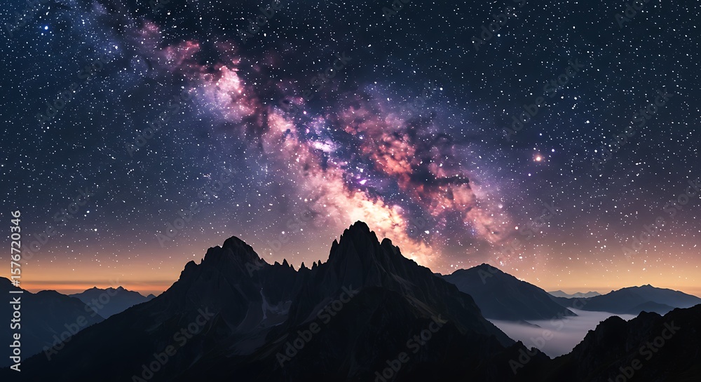 Fototapeta premium Starry Night Sky Over Mountainous Silhouette Featuring the Stunning Milky Way