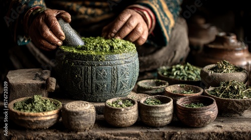 Traditional Stone Grinder with Green Chutney Preparation Scene