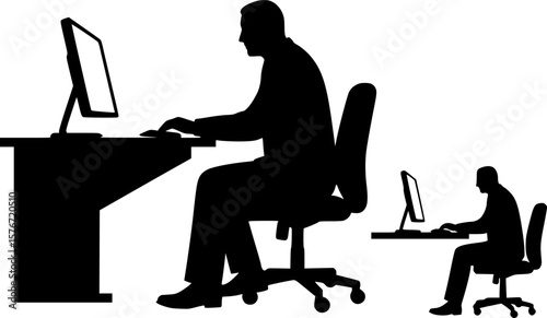 A black and white silhouette of a businessman seated at a desk, working on a computer.