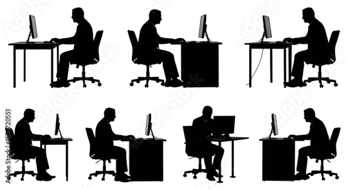 A black and white silhouette of a businessman seated at a desk, working on a computer.
