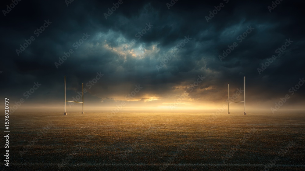 Obraz premium Shot of an open football field with goalposts under dramatic evening sky