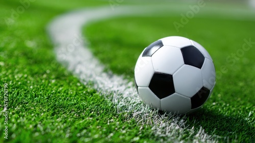 Soccer ball resting in the corner of a green grass field near the white line