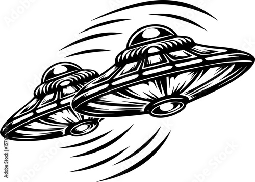 SVG illustrating marine life protection with ocean creatures and conservation themes. Vintage Style Illustration of Two Flying Saucers in Motion