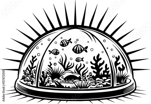 SVG illustrating marine life protection with ocean creatures and conservation themes. Underwater Scene in Glass Dome with Fishes and Marine Plants