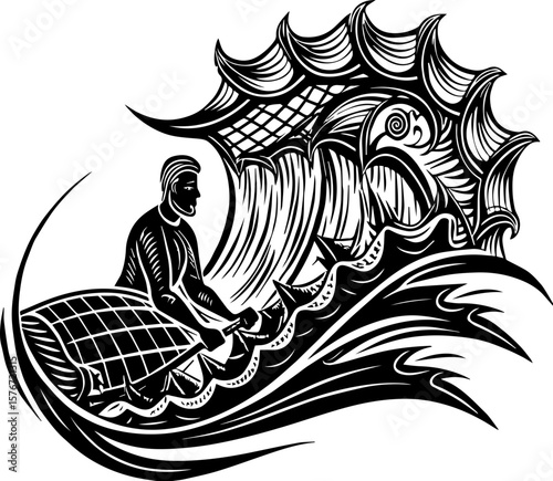 SVG illustrating marine life protection with ocean creatures and conservation themes. Man on Traditional Boat Riding Waves in Black and White Style