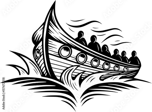 SVG illustrating marine life protection with ocean creatures and conservation themes. Vintage Styled Boat with Passengers Sailing Through Turbulent Waves