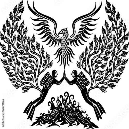 SVG illustrating marine life protection with ocean creatures and conservation themes. Black and White Illustration of Scuba Divers with Phoenix Design