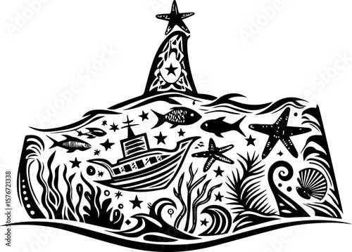 SVG illustrating marine life protection with ocean creatures and conservation themes. Black and White Sea Landscape with a Boat and Marine Life Scene
