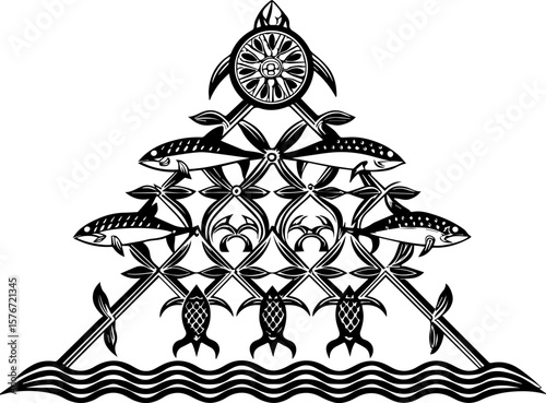 SVG illustrating marine life protection with ocean creatures and conservation themes. Decorative Tribal Illustration with Fish and Nature Patterns