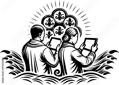SVG illustrating marine life protection with ocean creatures and conservation themes. Two People Holding Tablets with Stylized Waves and Decorative Elements