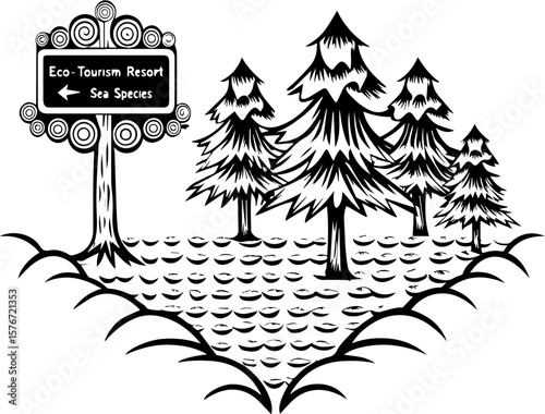 SVG illustrating marine life protection with ocean creatures and conservation themes. Eco-Tourism Resort Sign with Pine Trees and Sea Species Direction