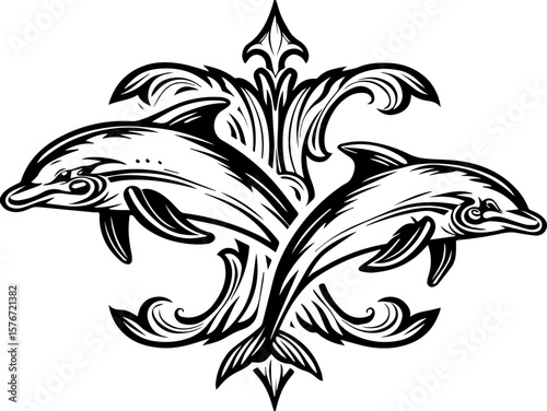 SVG illustrating marine life protection with ocean creatures and conservation themes. Elegant black and white dolphin design with ornate floral elements