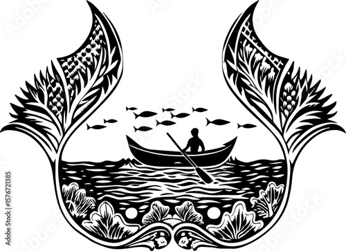 SVG illustrating marine life protection with ocean creatures and conservation themes. Black and White Illustration of Fisherman in Boat with Ocean Scene