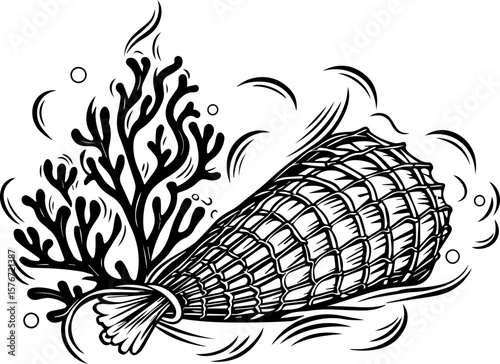 SVG illustrating marine life protection with ocean creatures and conservation themes. Black and White Illustration of a Sea Coral and Seashell Art Design
