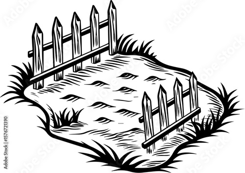 SVG illustrating marine life protection with ocean creatures and conservation themes. Rustic fenced area with grass and earth patch for creative projects
