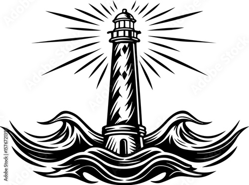 SVG illustrating marine life protection with ocean creatures and conservation themes. Striking Black and White Lighthouse with Waves in Bold Design