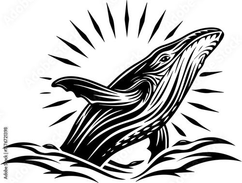 SVG illustrating marine life protection with ocean creatures and conservation themes. Majestic Whale Breaching the Ocean Surface in Bold Black Art Style