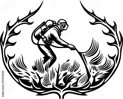 SVG illustrating marine life protection with ocean creatures and conservation themes. Firefighter in Protective Gear Battling Wildfire with Brush Tool
