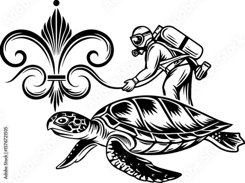 SVG illustrating marine life protection with ocean creatures and conservation themes. Underwater Diver with Turtle and Elegant Fleur-de-Lis Design