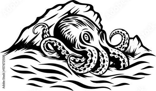 SVG illustrating marine life protection with ocean creatures and conservation themes. Black and White Illustration of an Octopus on Rocky Shoreline