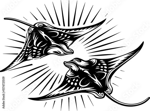 SVG illustrating marine life protection with ocean creatures and conservation themes. Detailed Black and White Illustration of Two Rays with Radiating Lines