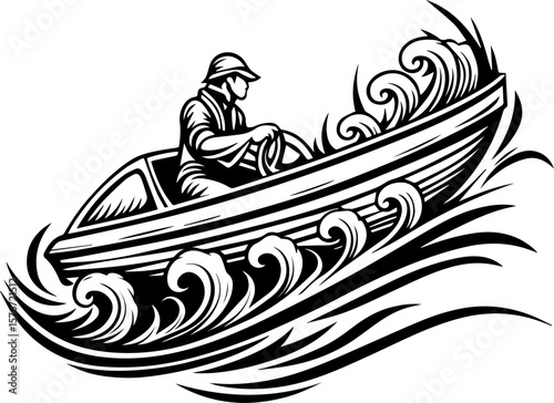 SVG illustrating marine life protection with ocean creatures and conservation themes. Dynamic Illustration of a Fisherman Navigating Rough Water Waves