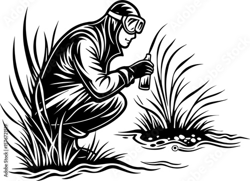SVG illustrating marine life protection with ocean creatures and conservation themes. Person in Protective Gear Examining Water Sample in Nature Scene