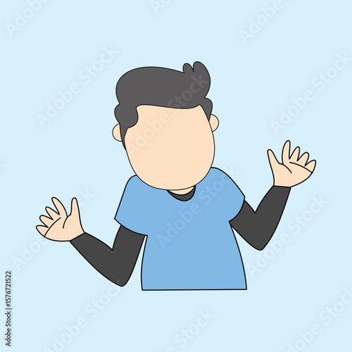 Illustration of a faceless person with black hair and blue clothes, raising both hands, light blue background, confused or clueless expression, simple cartoon style
