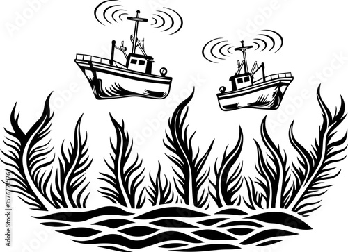 SVG illustrating marine life protection with ocean creatures and conservation themes. Two Fishing Boats Navigating Through Seaweed in Stylized Artwork