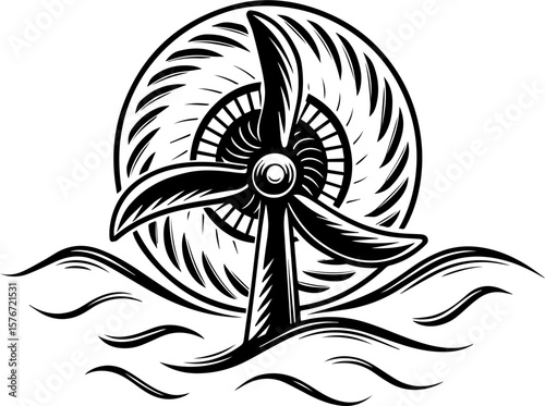 SVG illustrating marine life protection with ocean creatures and conservation themes. Black and White Illustration of Wind Turbine with Waves Background