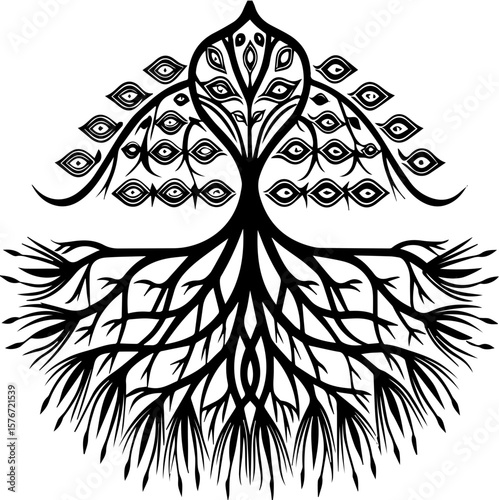SVG illustrating marine life protection with ocean creatures and conservation themes. Intricate Black and White Tree Design with Eyes Symbolism