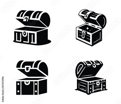 Treasure chest icon set – black silhouette vector of vintage pirate box illustrations on white background