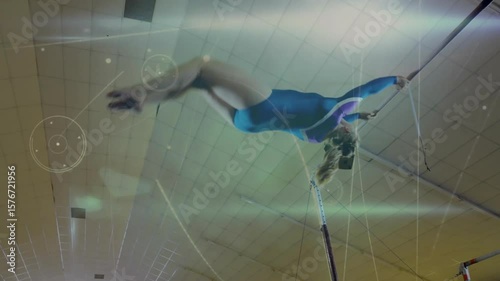 Sports gymnast grasping high bar swinging and releasing into flip with animated arc landing on mat
