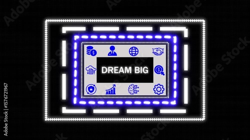 A Dream big button on a clear projection ,Blue wave digital data flow. Seamless loop technology network background concept . Futuristic digital technology animated background concept.