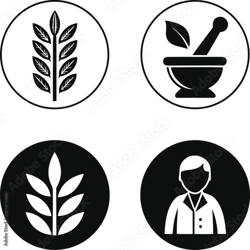 Herbal Medicine Icons Wheat, Mortar & Pestle, and Doctor