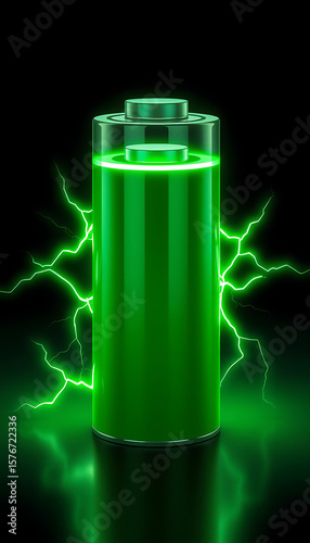 The Power of Green: A Visually Striking Representation of a Fully Charged Battery with Electric Energy Pulsating Around It