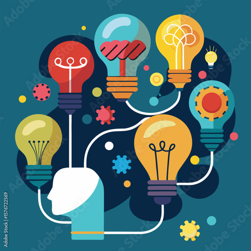 Conceptual illustration of creative ideas and innovation depicted with lightbulbs connecting to human head shape