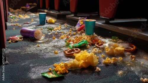 Abandoned movie theater floor after hours with spilled snacks and trash