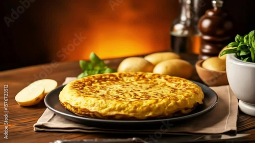 Delicious homemade potato omelette served on a rustic wooden table with fresh ingredients nearby