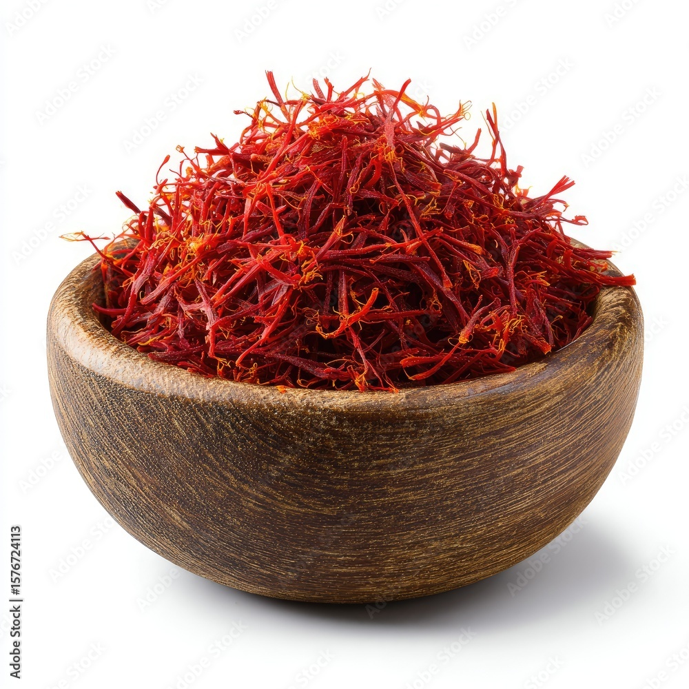 Naklejka premium A small wooden bowl overflows with vibrant red saffron threads against a stark white background