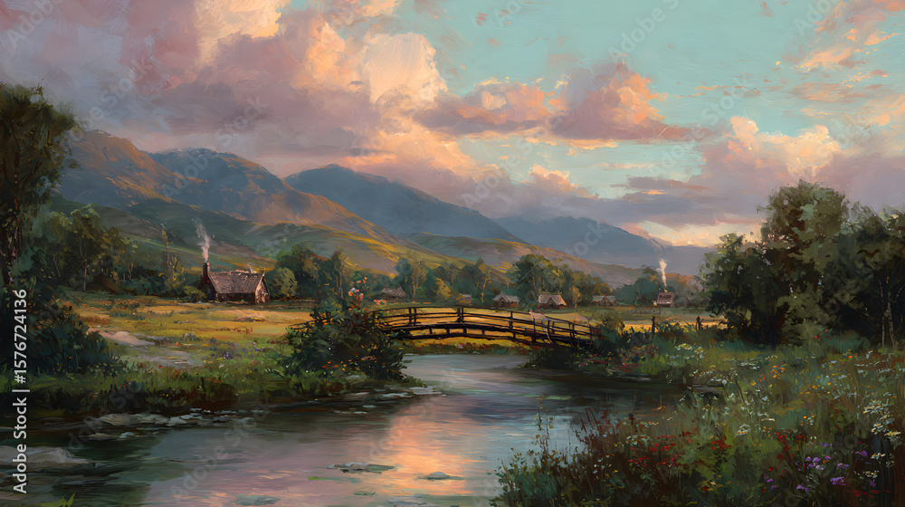 Fototapeta premium Tranquil Countryside: Sunset Reflections with Bridge and Cottage