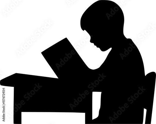 Child reading book silhouette at school desk
