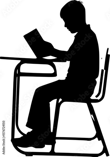 Child reading book silhouette at school desk